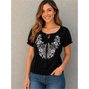 Romeo & Juliet Black Swiss Dot Embroidered Boho Floral Tassel Tie Peasant Top